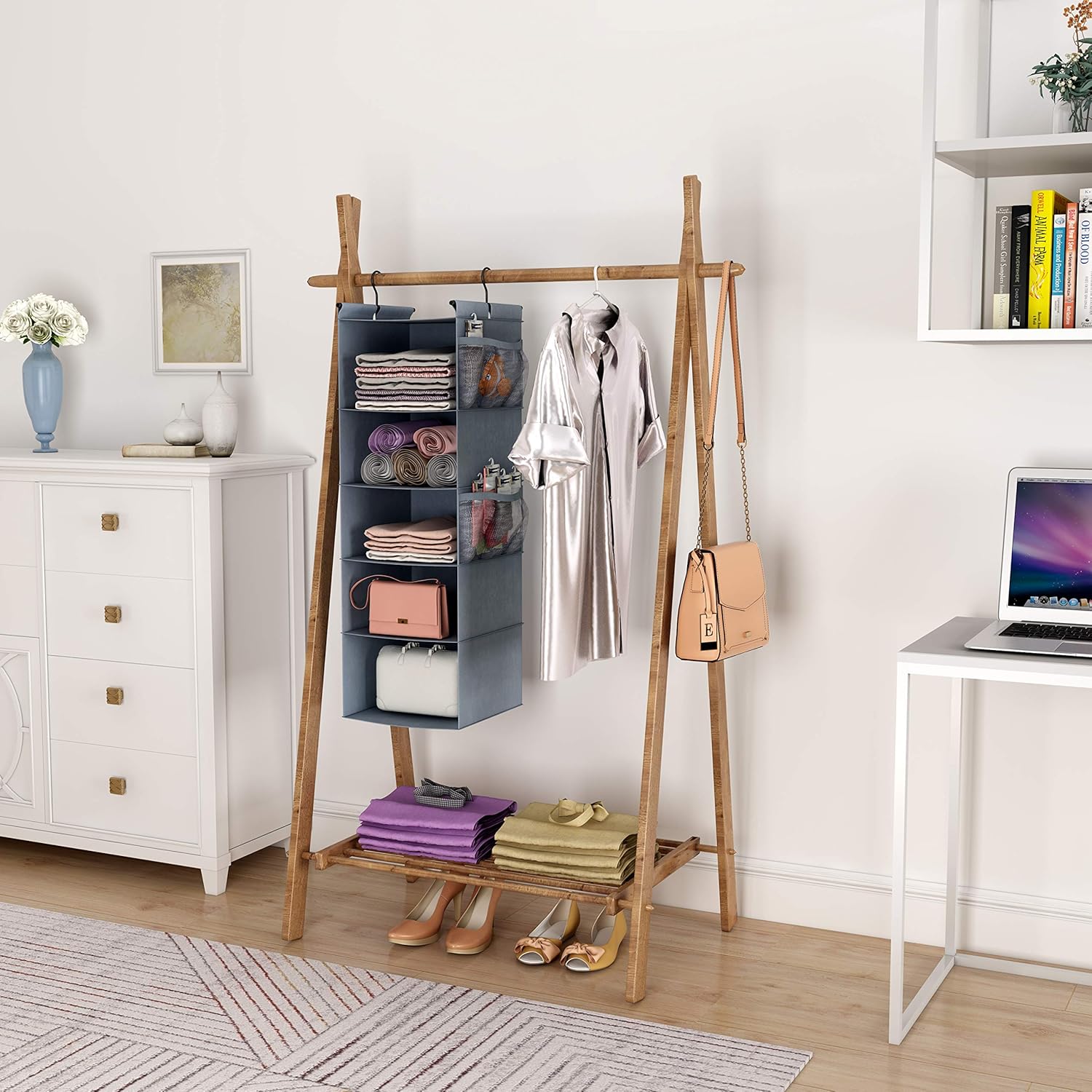 MAX Houser 5 Shelf Hanging Closet Organizer, Space Saver, Cloth Hanging Shelves with 4 Side Pockets, Foldable, Grey