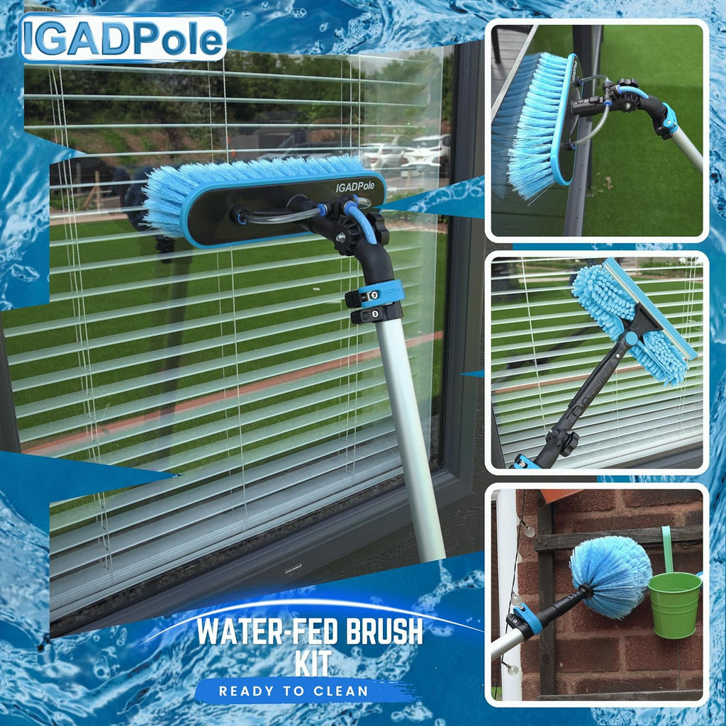 24ft IGADPole Washing Kit: Water-fed Brush, Cobweb Duster and 10” Squeegee and Soap Dispenser, with 6-Stage Telescoping Pole 5-24ft Pole