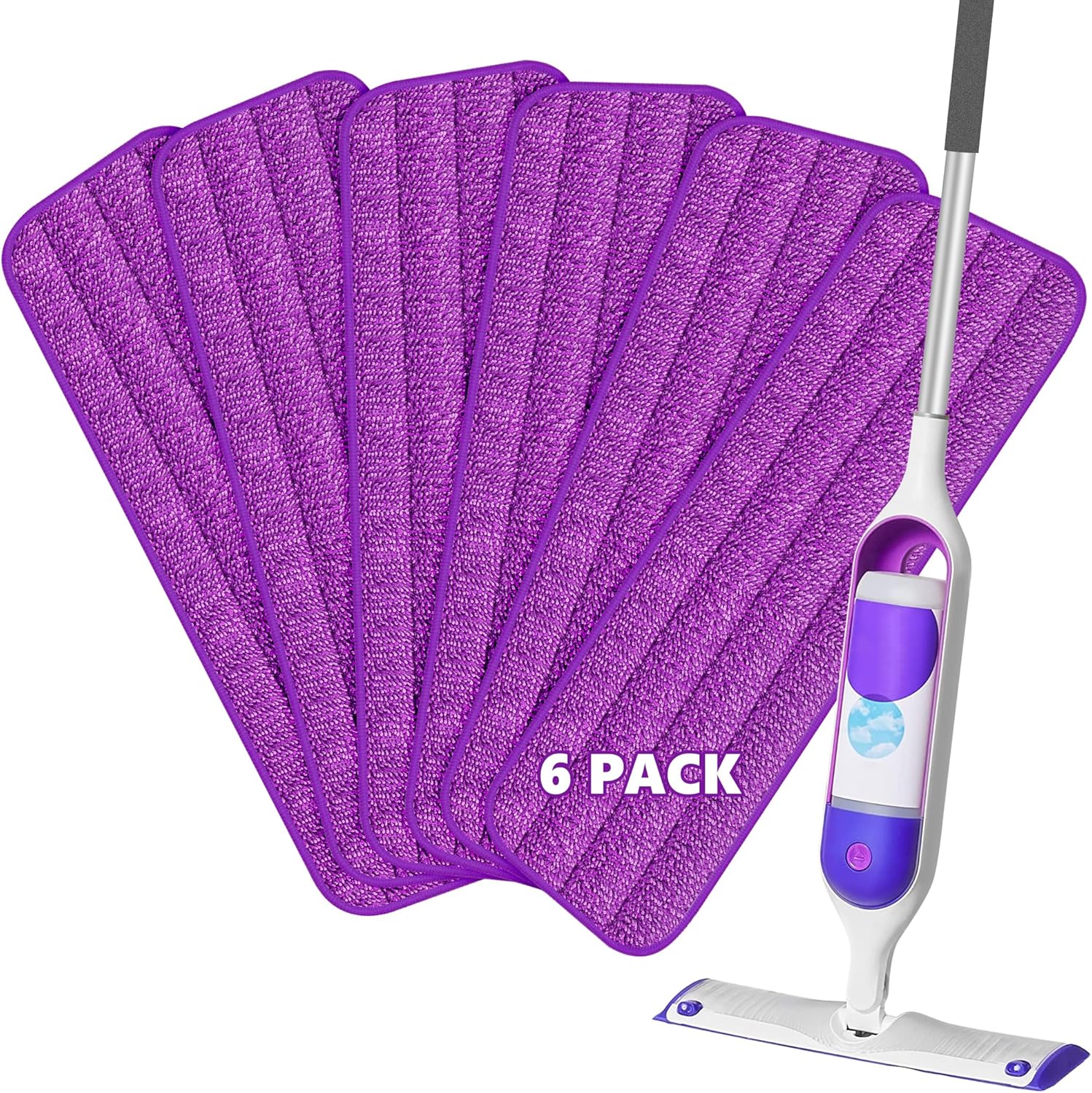 HOMTOYOU Reusable Pads Refills for Swiffer Power Mop: 6 Pack Microfiber Pad for Multi-Surface Floor Cleaning - Machine Washable Replacement Sweeping Cloths for 13 ''-15 '' Spray Mop