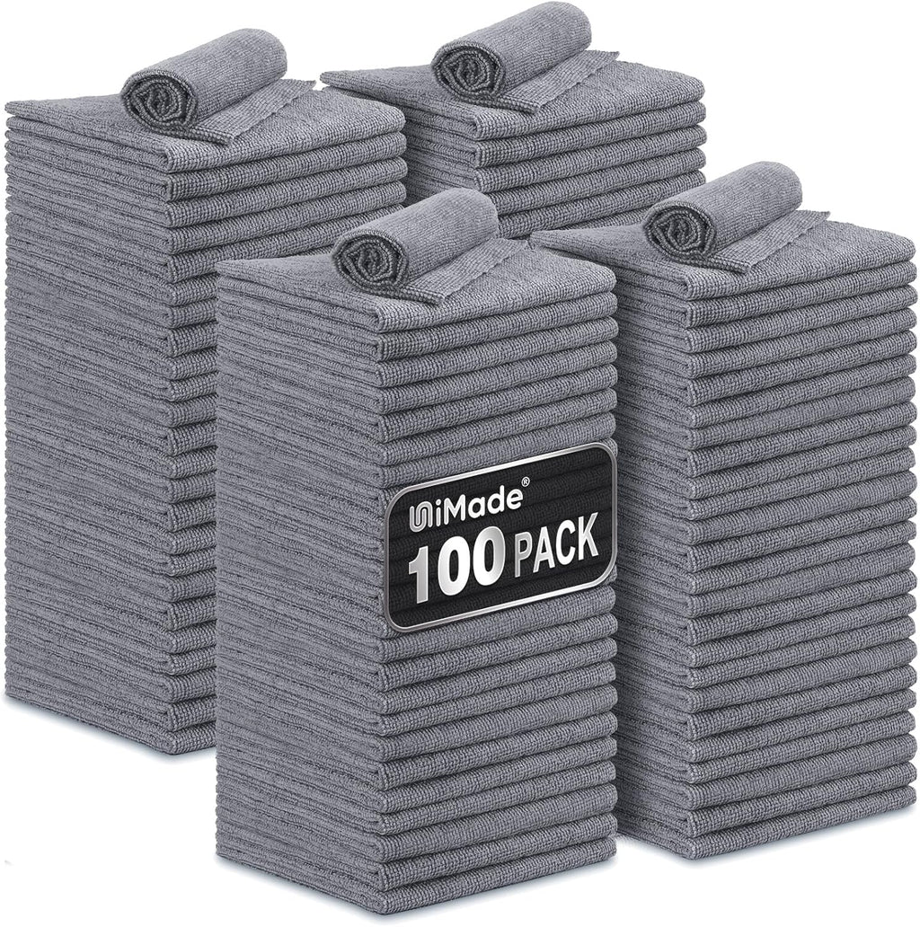 Microfiber Cleaning Cloth, 100 Pack Microfiber Towels for Cars Commercial Grade Work Rags Bulk Detailing Cloth for Automotive Bar Mechanic Restaurant Garage Housekeeping, 11.5"x 11.5", Grey