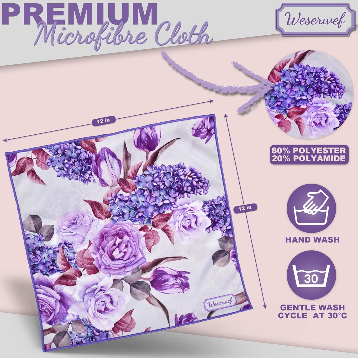WESERWEF Design Microfiber Glasses Cleaning Cloth – Premium Cleaning Cloth for Eyeglasses, Screens, Tablets, Cameras & Lenses, 12" x 12", Ultra-Soft & Scratch-Free (Rose and Lilac)