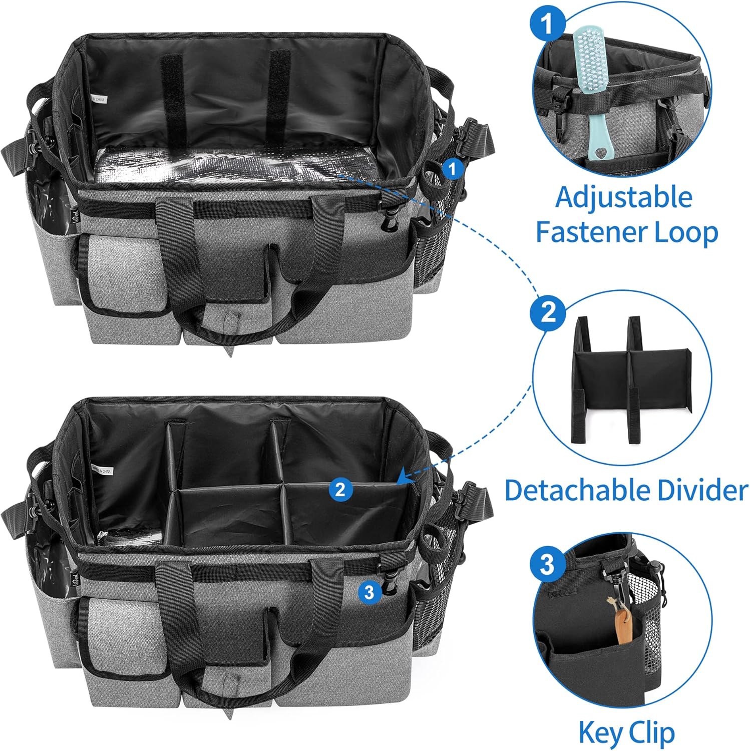 LoDrid Large Wearable Cleaning Caddy Bag with Detachable Divider, Cleaning Organizer with Handles, Cleaning Supply Tote with Adjustable Shoulder Strap for Cleaners & Housekeepers, Grey