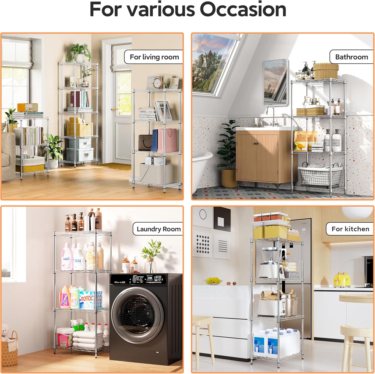 4 Tiers Shelf Metal Storage Shelves Wire Rack Closet Organizers with Wheel for Garage Kitchen Bathroom Laundry Chrome 11.8" D x 17.7" W x 41.9" H