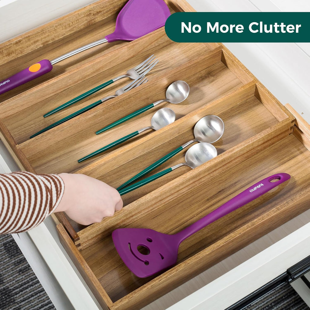Utoplike Acacia Kitchen Drawer Organizer Expandable, Large Utensils and Cutlery Tray, Adjustable Silverware Divider for Knives Flatware