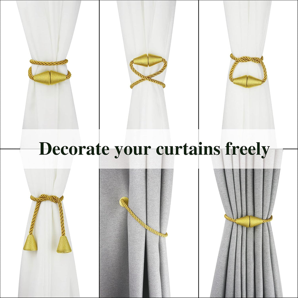 4 Pack Magnetic Curtain Tiebacks Rope Modern Handmade Curtain Tie Backs Decorative Drapes Weave Holdbacks for Window Décor, Gold