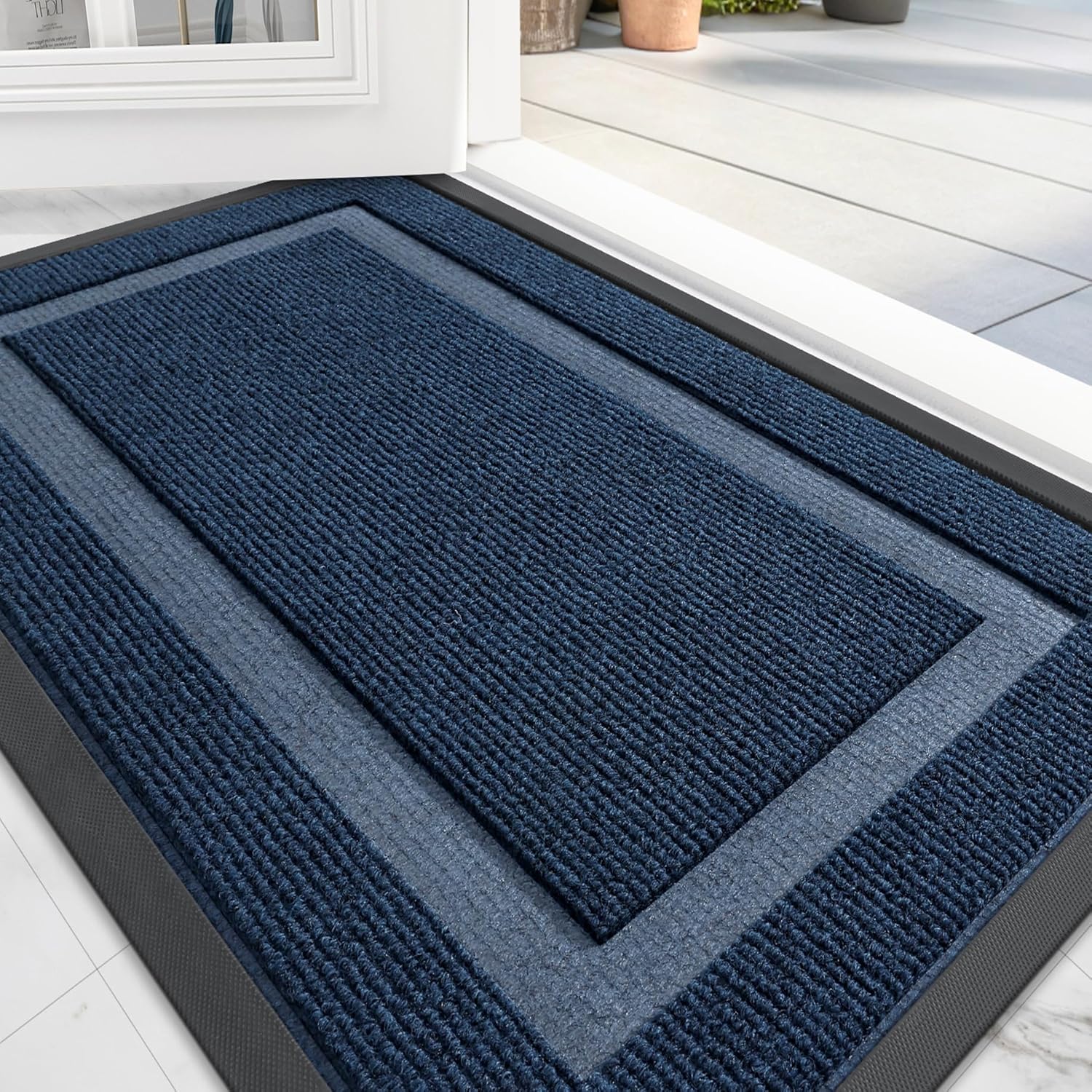 OLANLY Front Door Mat Indoor Outdoor Entrance, Waterproof All-Season, All-Weather Doormat, Sturdy Natural Rubber, Fade Resistant, Low Profile, Easy Clean Patio Porch Entryway Mat, 71x47, Blue