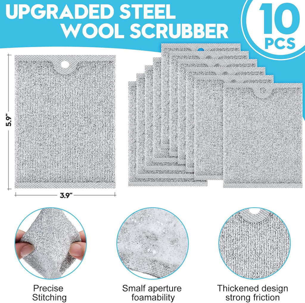 Steel Wool Scrubber, Wire Dishwashing Rags, 10 Pcs Multipurpose Wire Dishcloth, Wet & Dry for Cookware, Sinks, Dishes, Stoves & Fireplaces 5.9“ x 3.9”