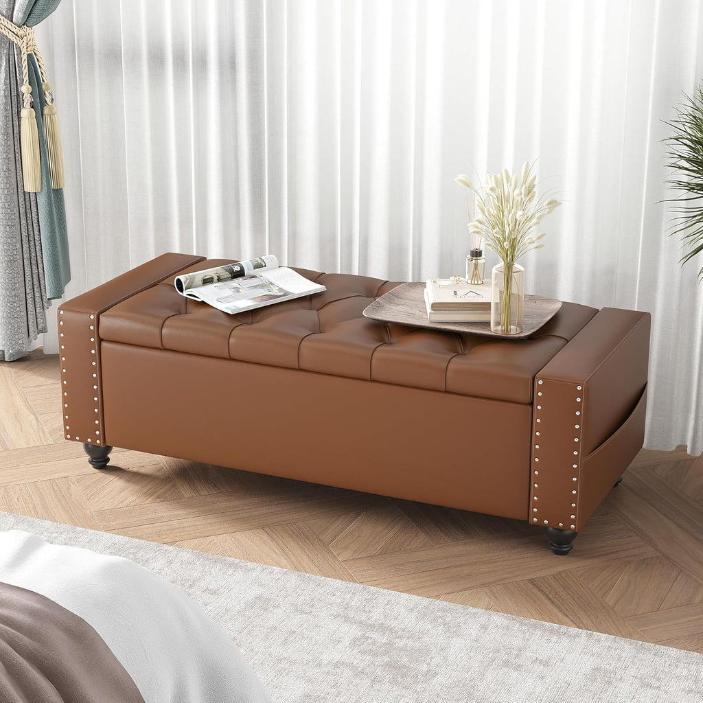 Maupvit Storage Ottoman Bench, 49 Inch Bedroom Bench, Upholstered Ottoman with Storage, Entryway Bench with Tufted Button, Faux Leather Window Bench for Bedroom, Living Room, Entryway, Hallway, Brown