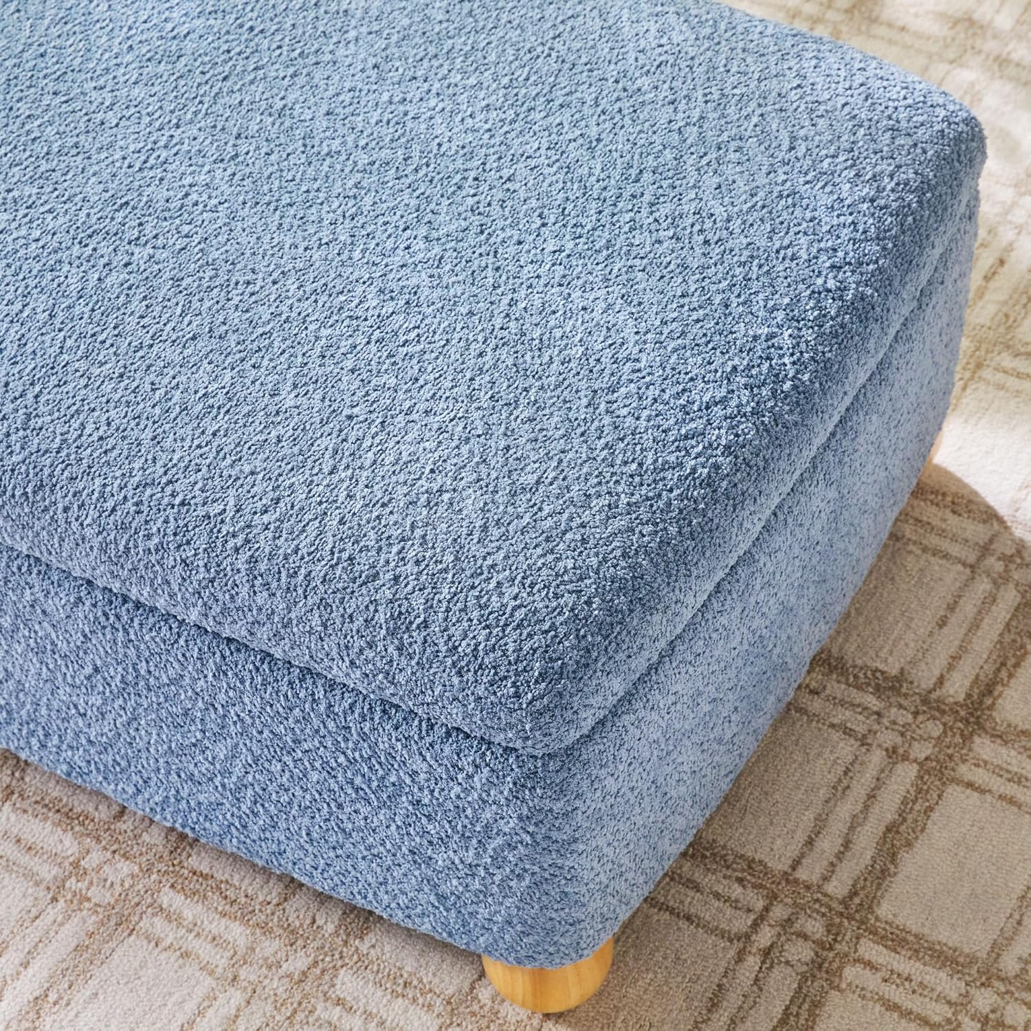 Walker Edison Linley Contemporary Large Storage Bouclé Ottoman with Wood Legs, Soft Blue