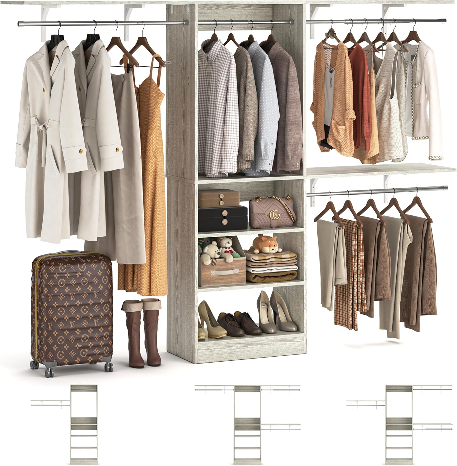 8FT Closet System with Shelves, 96'' Closet Organizer System with 3 Hanging Rods, Wall Mount Bedroom Wardrobe Walk-in Closet, Adjustable Cloth Garment Rack from 5 to 8FT(Cut to Fit), White Oak