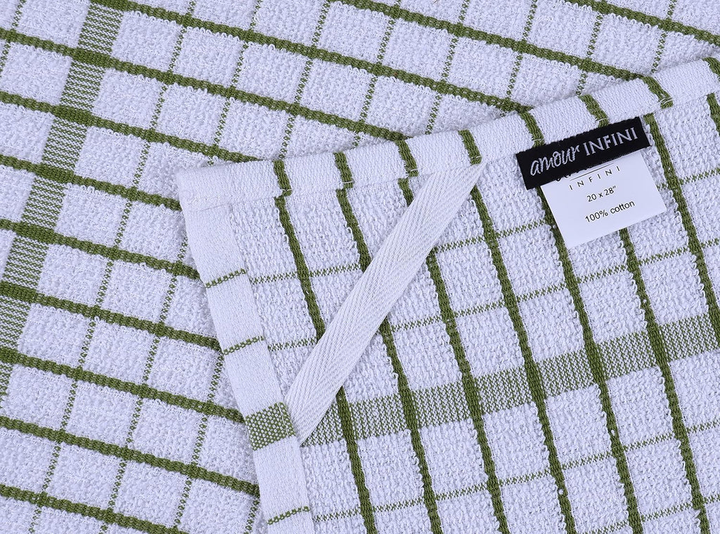 AMOUR INFINI Kitchen Towels Set of 4 - Highly Absorbent, Super Soft Terry Cotton 20x28 Inch Dish Towels with Hanging Loop - Hand & Tea Towels for Cleaning & Drying Dishes (Green)
