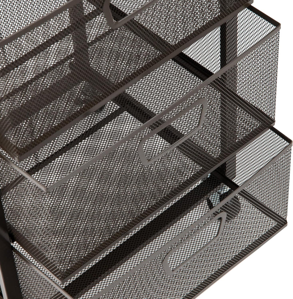 Mind Reader 3-Drawer Rolling Storage Cart, Office Organizer with Wood Top, Multipurpose Portable Cabinet with Wheels, Metal Mesh, Black