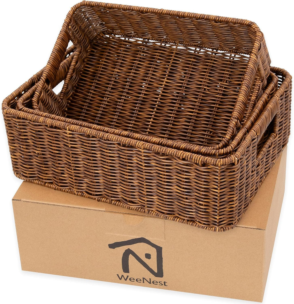 Baskets for Organizing, Undershelf Wicker Storage, Hand Woven Organizer for Closet Organization, Rectangular, Set of 3, Toffee