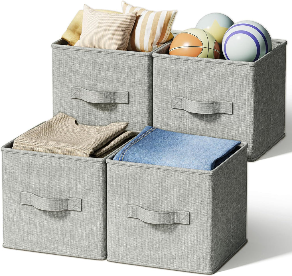 4 Pack Foldable Fabric Closet Storage Bins, 11Inch Organizer Cubes with Handles, Linen Storage Boxes for Clothes, Toys, Books and Home Organization,Gray