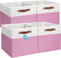 OrganiHaus 13x13 Cube Fabric Storage Bins Set of 4, Fabric Storage Cubes w/ Vegan Handles, 13 inch Collapsible Bins for Clothes & Toy Organizer, Cubbies Organizer, 13x13 Basket for Decor - Pink/White