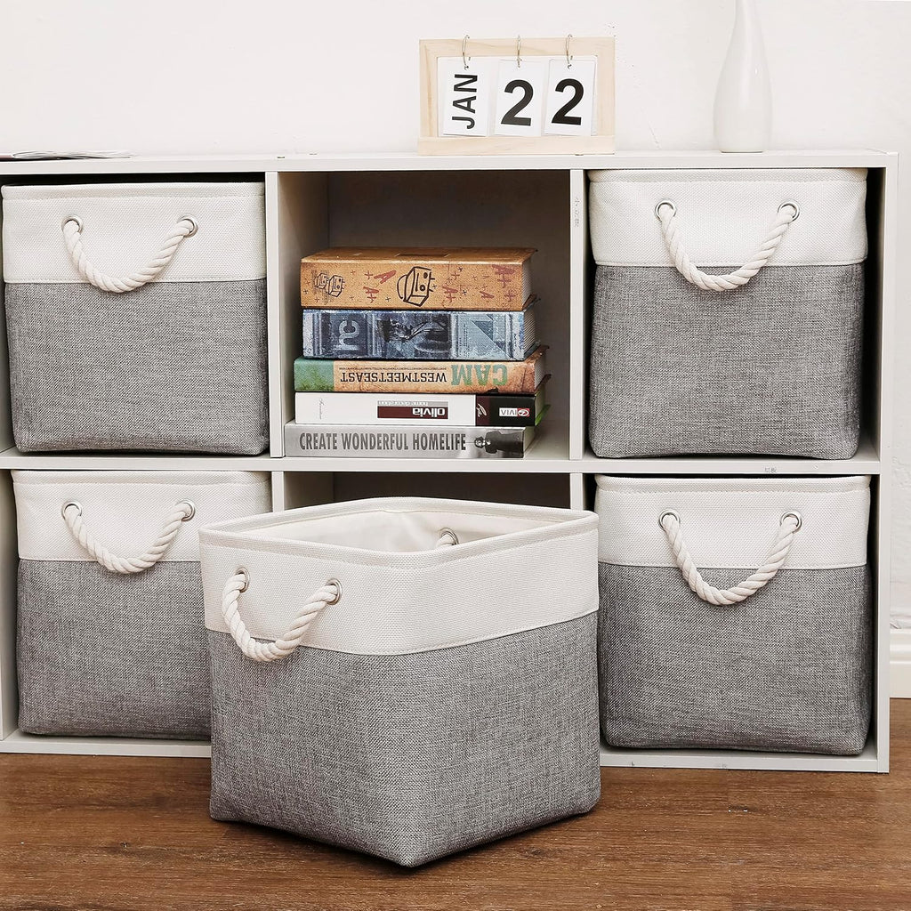 Cube Storage Bins, Collapsible Fabric Cube Storage Bin, 11 Inch Cube Storage Bins with Handles, Foldable Storage Cubes (White/Gray, 6Pack)