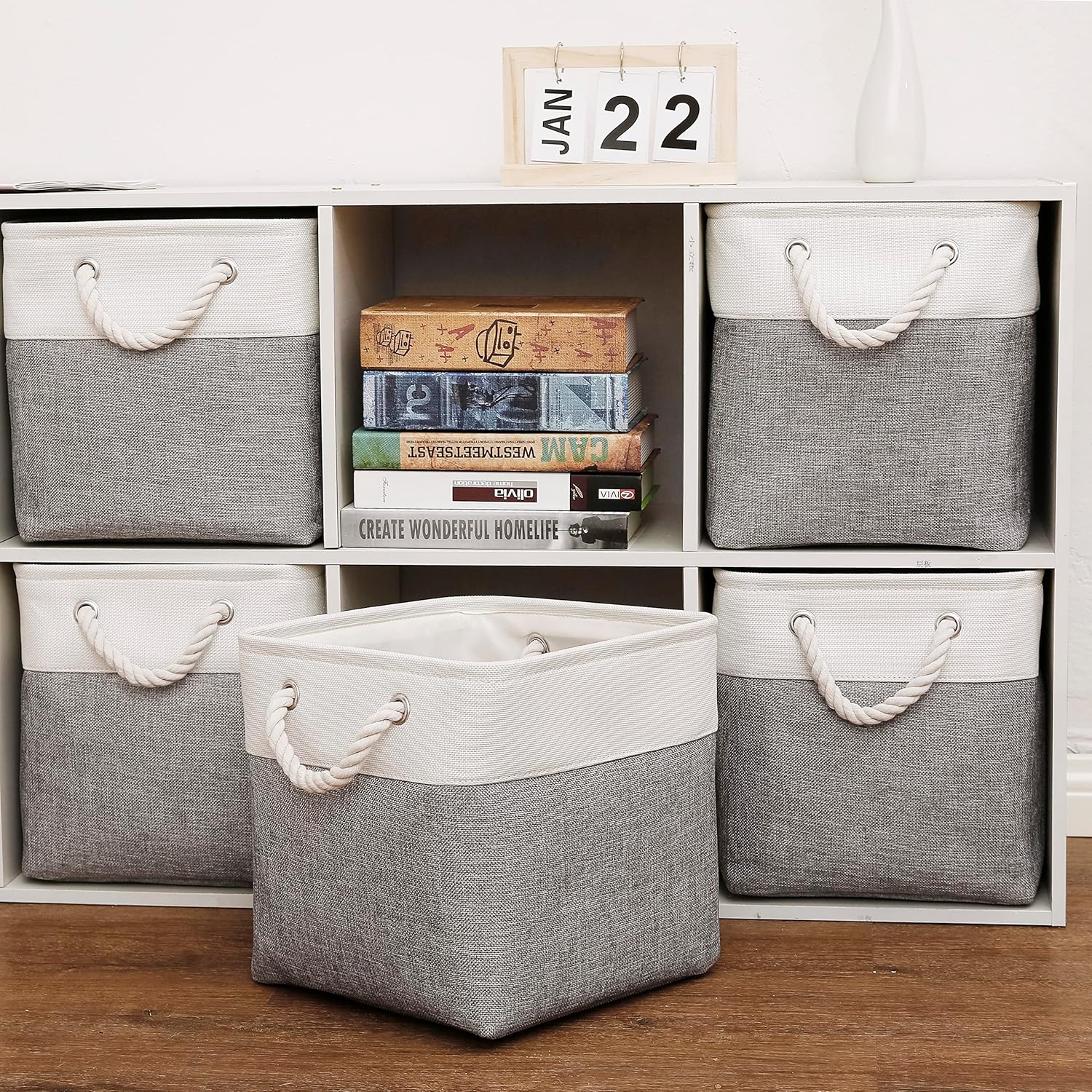 Cube Storage Bins, Collapsible Fabric Cube Storage Bin, 11 Inch Cube Storage Bins with Handles, Foldable Storage Cubes (White/Gray, 6Pack)
