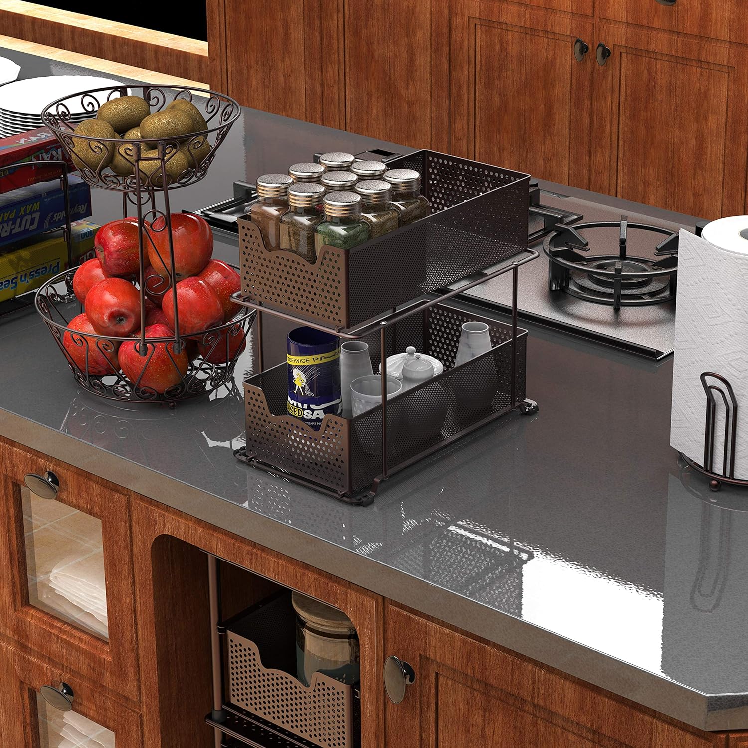 SIMPLE HOUSEWARE 2 Tier Sliding Cabinet Basket Organizer Drawer, Bronze