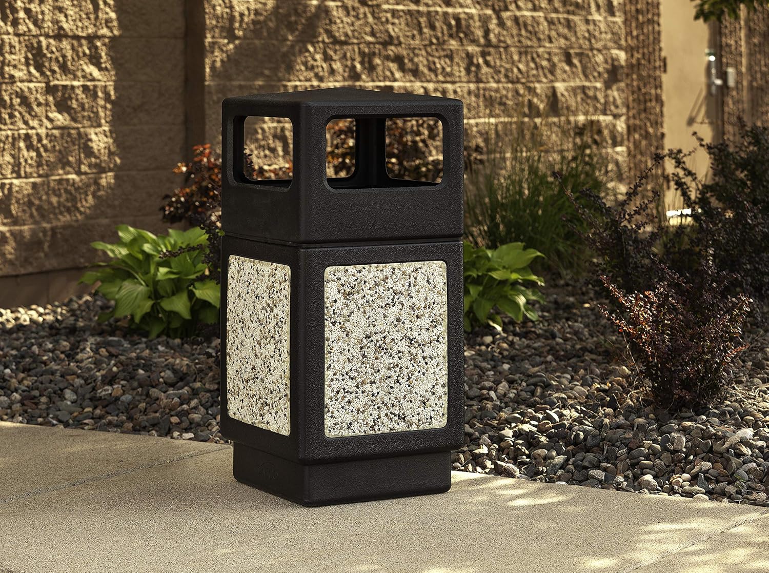 Safco Canmeleon Trash Can, 38 Gallons, Indoor and Outdoor Use, Durable & Weather-Resistant Commercial Garbage Can with Stone Panels, Black
