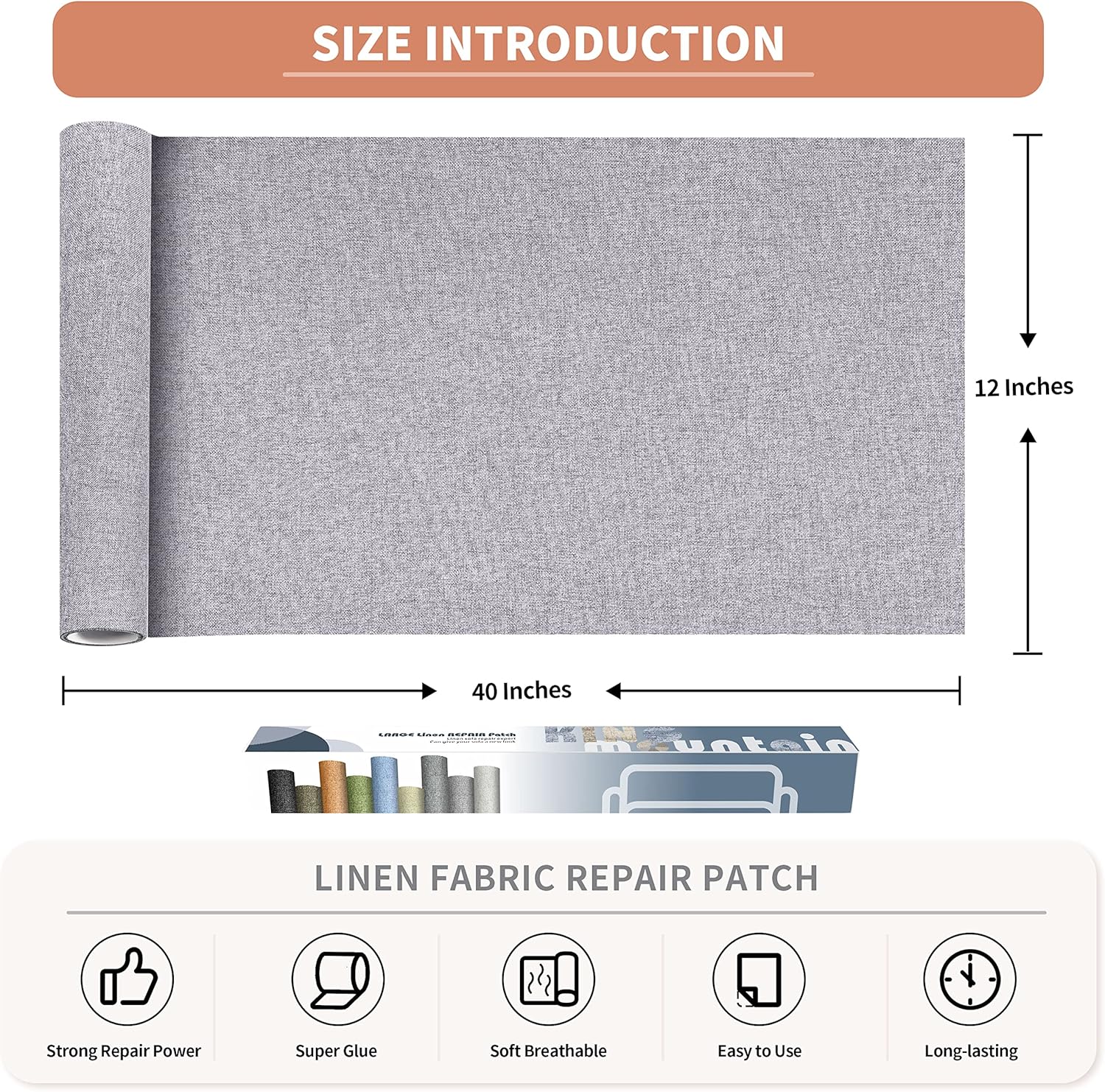 KING MOUNTAIN Fine Linen Repair Patches, Self-Adhesive Linen Fabric Patches, 12X40 inch Extra Size, Multi Color, Can be Used for Linen Sofa Repair and Linen Clothes Repair (12" x 40", Light Grey 3.0)